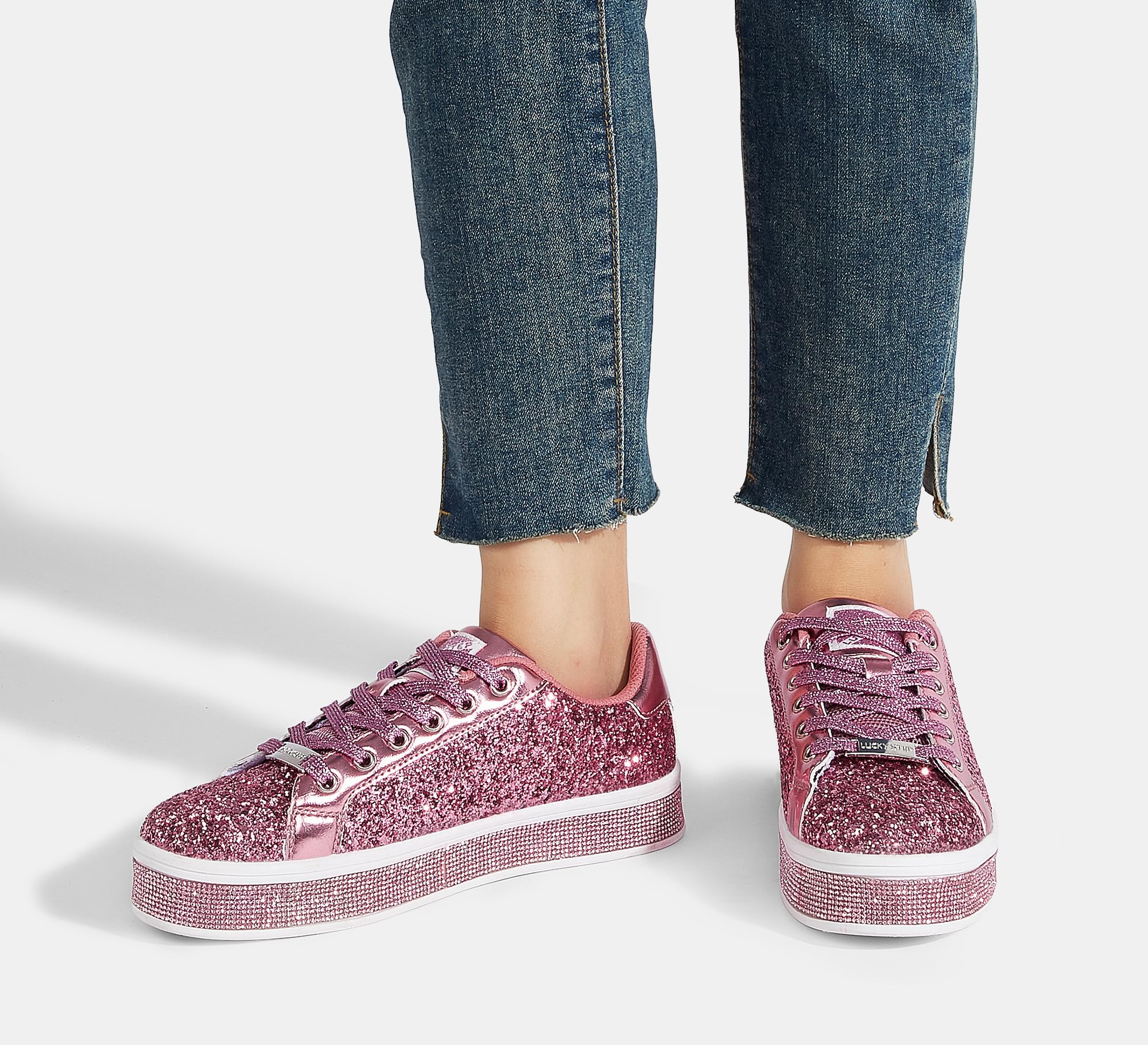 LUCKY STEP Women's Platform Sparkly Glitter Sneakers | Bling Shiny Dressy Bedazzled Wedding Bridal Fashion Walking Shoes