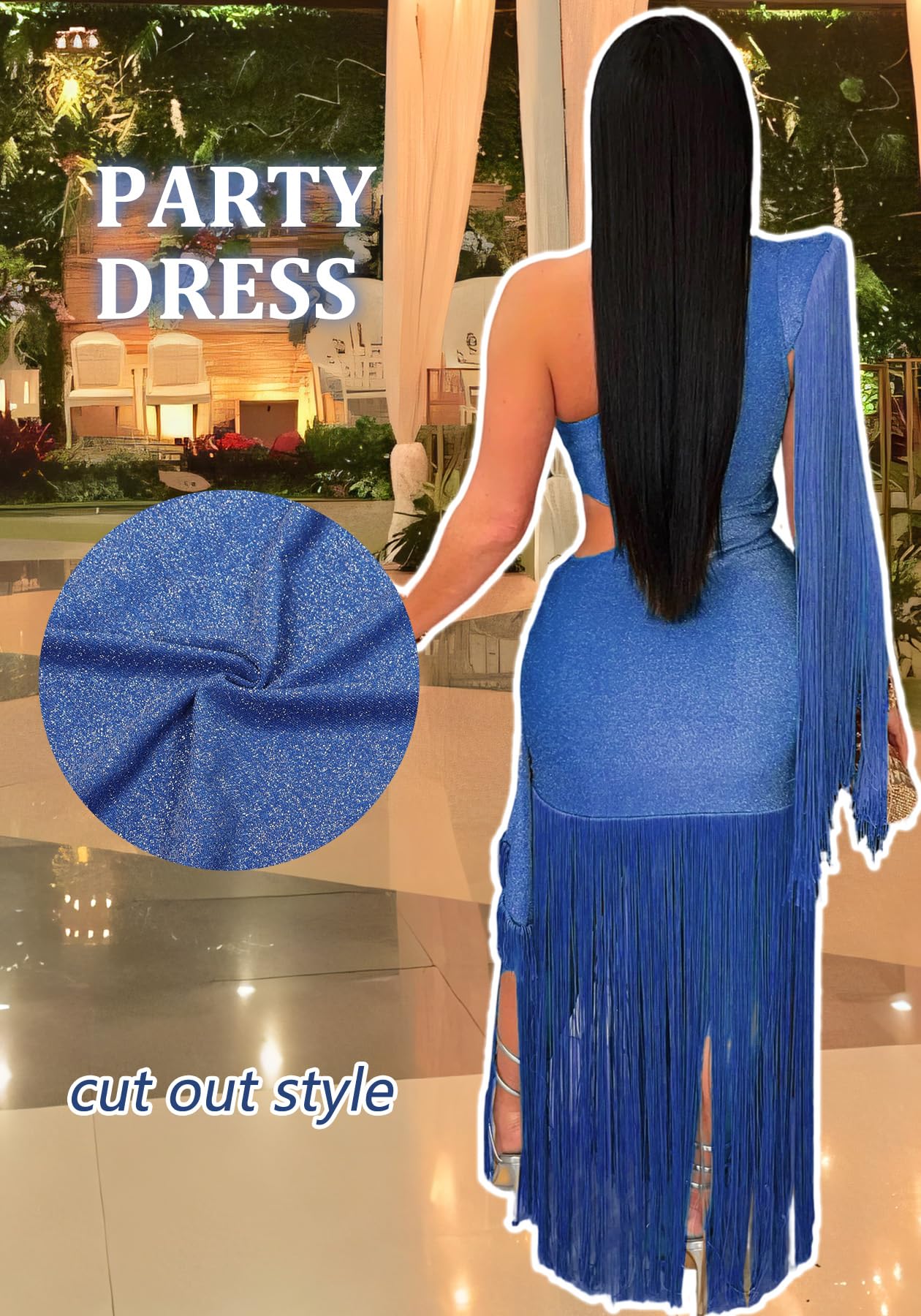 Geulis Women Wedding Guest Dresses Elegant One Shlouder Fringe Dress | Sexy Bodycon Maxi Dress,Cutout off the Shoulder Cocktail Evening Party Formal Dress,Sparkly Glitter,With Tassels