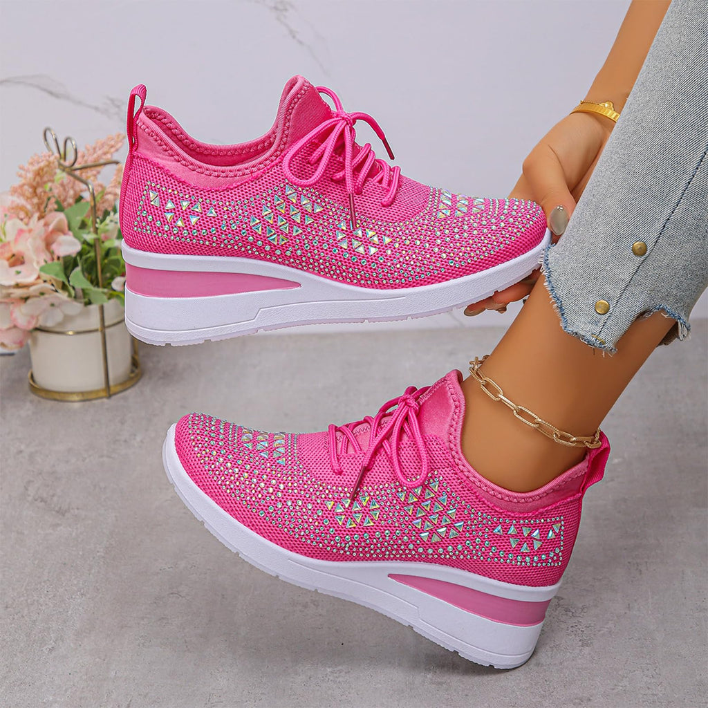 Glitter Rhinestone Wedge Sneakers with Lace-Up for Women Fashion Shiny Sequin Comfort Orthopedic Breathable Mesh Round Toe Soft Sole Tennis Walking Shoes