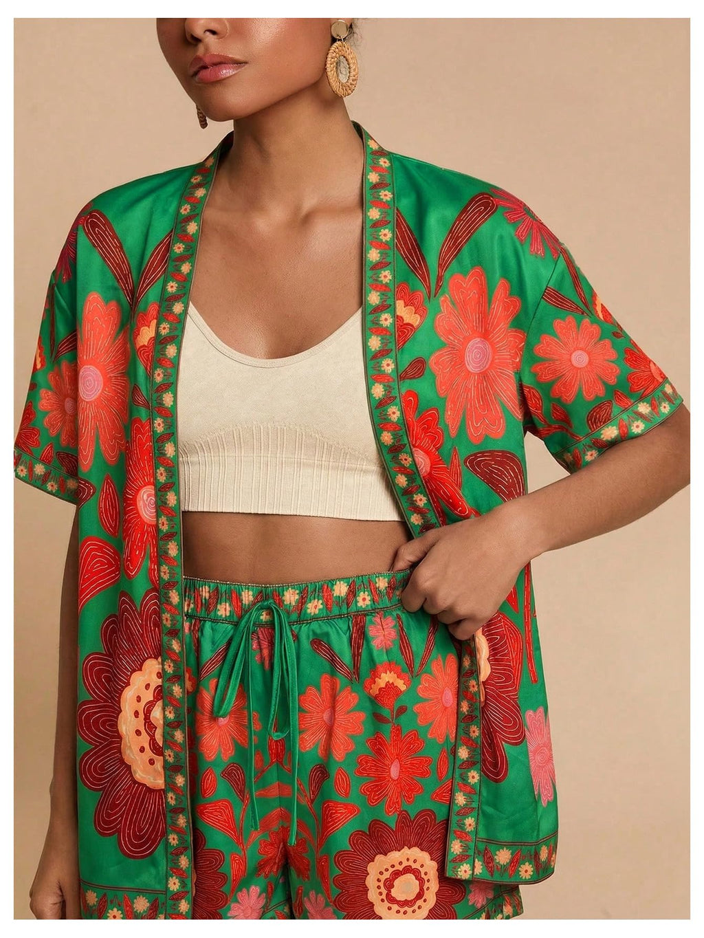 MakeMeChic Women's Two Piece Sets Summer Tropical Vacation Outfits Boho Floral Kimono Tops Shorts Set