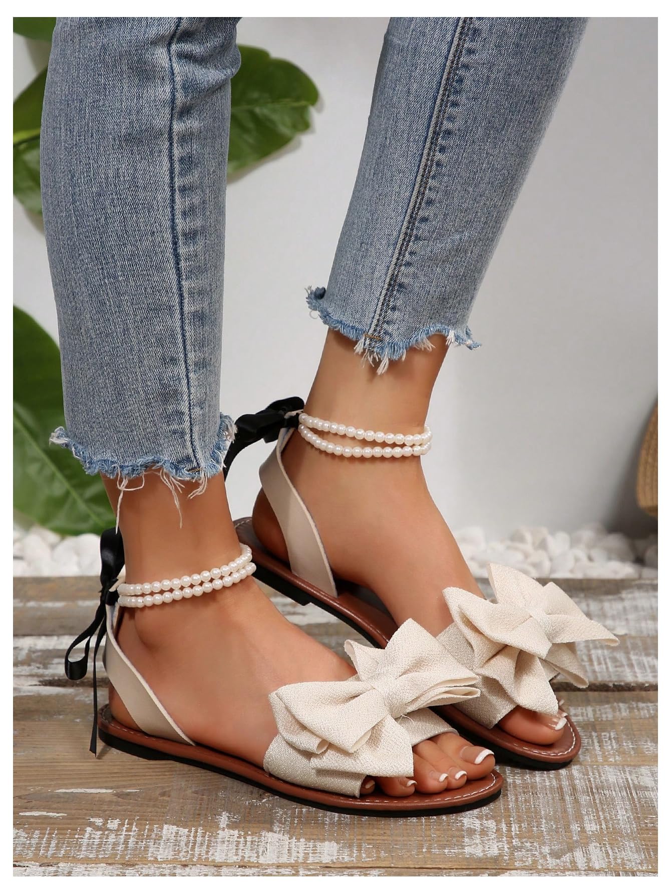 GORGLITTER Women's Bow Pearl Open Toe Ankle Strap Sandals Slippers Shoes | Sandals with Bow,Sandals Women Comfortable, Dressy Sandals Women, Y2k Dress Sandals for Women