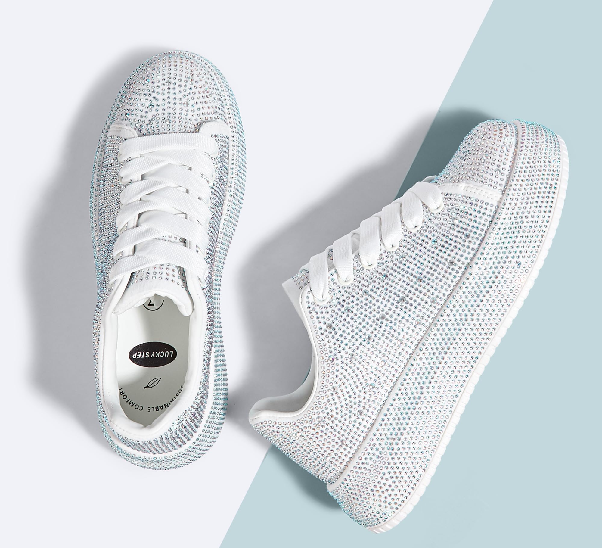 LUCKY STEP Rhinestone Platform Sneakers for Women | Sparkly Glitter Bling Tennis Shoes Fashion Wedding Party Walking Sneakers