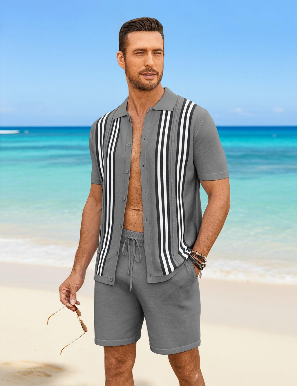 COOFANDY Men's 2 Piece Outfits Summer Short Sets Vintage Knit Button Down Shirt Short Sleeve Polo Casual Beach Suits