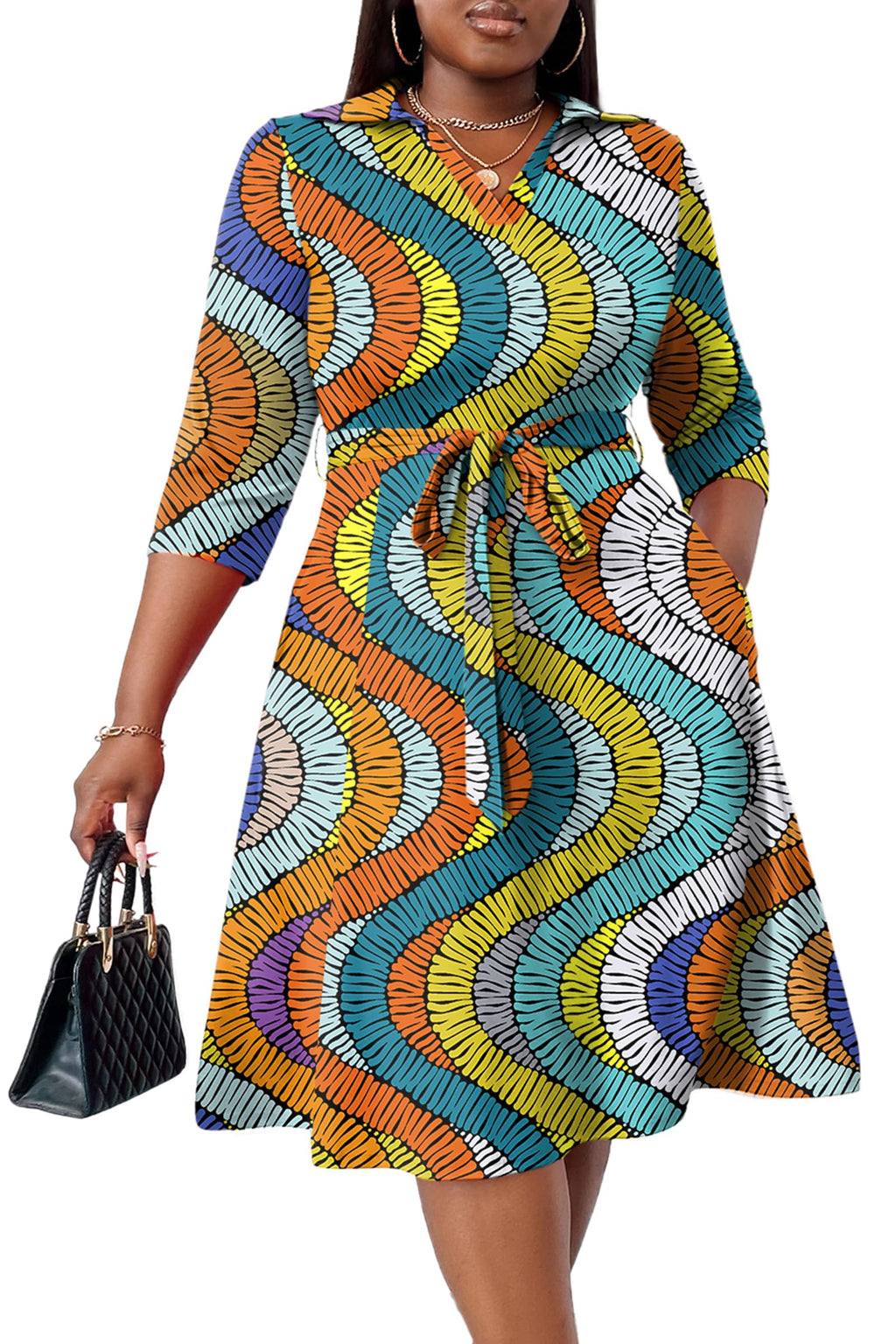FANDEE Plus Size Midi Dress for Women Casual - Fit and Flare Summer Dresses | Semi Formal,African Print,Polo Collar Cocktail Dress,With Pockets And Belt