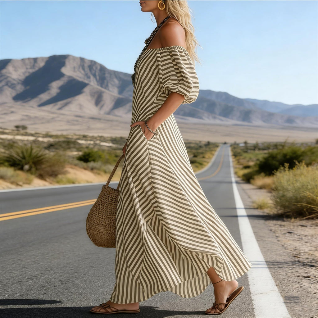 Women's Elegant and Classic Striped Off-Shoulder Maxi Dress,Summer Flutter Short Sleeve One Shoulder Loose Flowy Long Dress