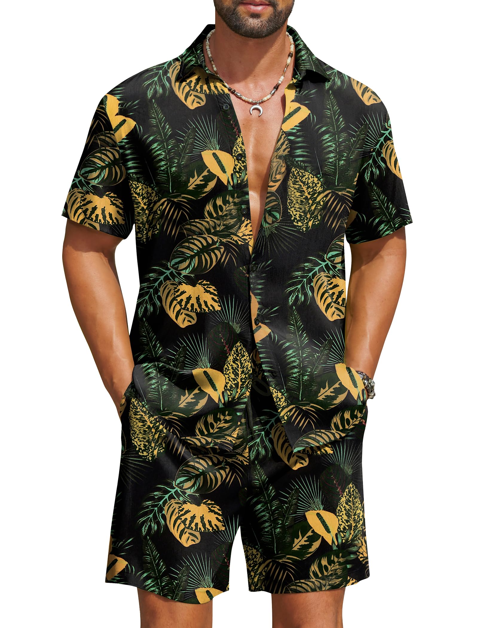 COOFANDY Men's Hawaiian Matching Set Summer Beach 2 Piece Outfits Flower Button Down Shirts and Shorts Vacation Outfits