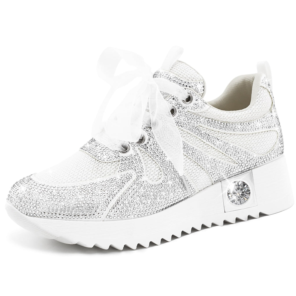 FINDVELL Women's Fashion Glitter Sneakers Platform Wedge Shoes Sparkly Rhinestone High Top Sneakers Trendy Sequin Shoes Wedding Bride Dress
