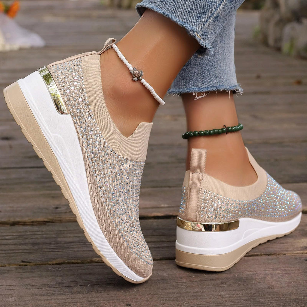 Shoes for Women Dressy Casual,Rhinestone Sneakers for Women Sparkly Bling Women's Rhinestone Mesh Slip-On Summer Shoes Breathable Spakle Glitter Comfortable Orthopedic Wedge Walking Shoes