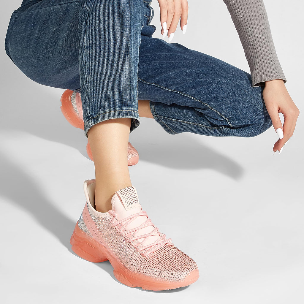 BELOS Women Rhinestone Mesh Slip On Walking Shoes | Fashion Breathable Spakle Glitter Sneaker
