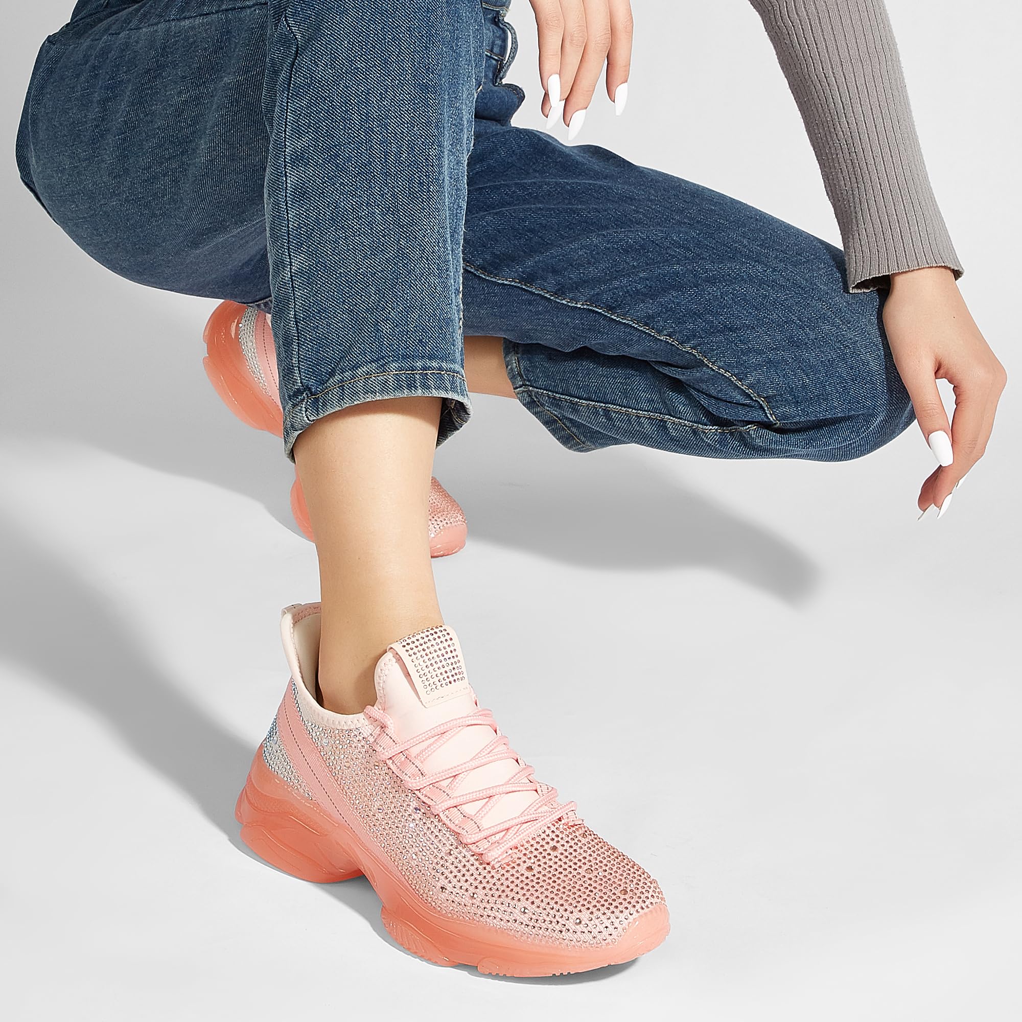 BELOS Women Rhinestone Mesh Slip On Walking Shoes | Fashion Breathable Spakle Glitter Sneaker