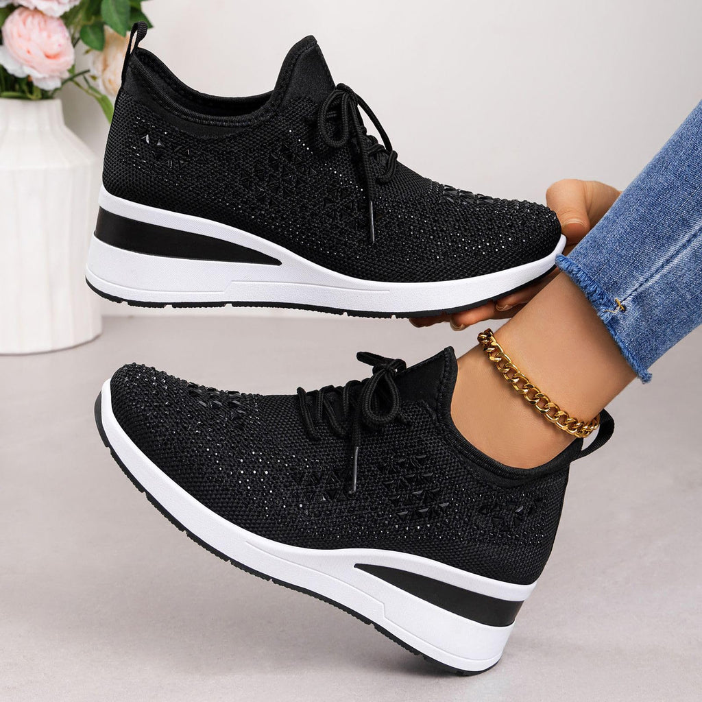 Glitter Rhinestone Wedge Sneakers with Lace-Up for Women Fashion Shiny Sequin Comfort Orthopedic Breathable Mesh Round Toe Soft Sole Tennis Walking Shoes