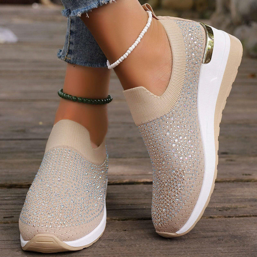 Shoes for Women Dressy Casual,Rhinestone Sneakers for Women Sparkly Bling Women's Rhinestone Mesh Slip-On Summer Shoes Breathable Spakle Glitter Comfortable Orthopedic Wedge Walking Shoes