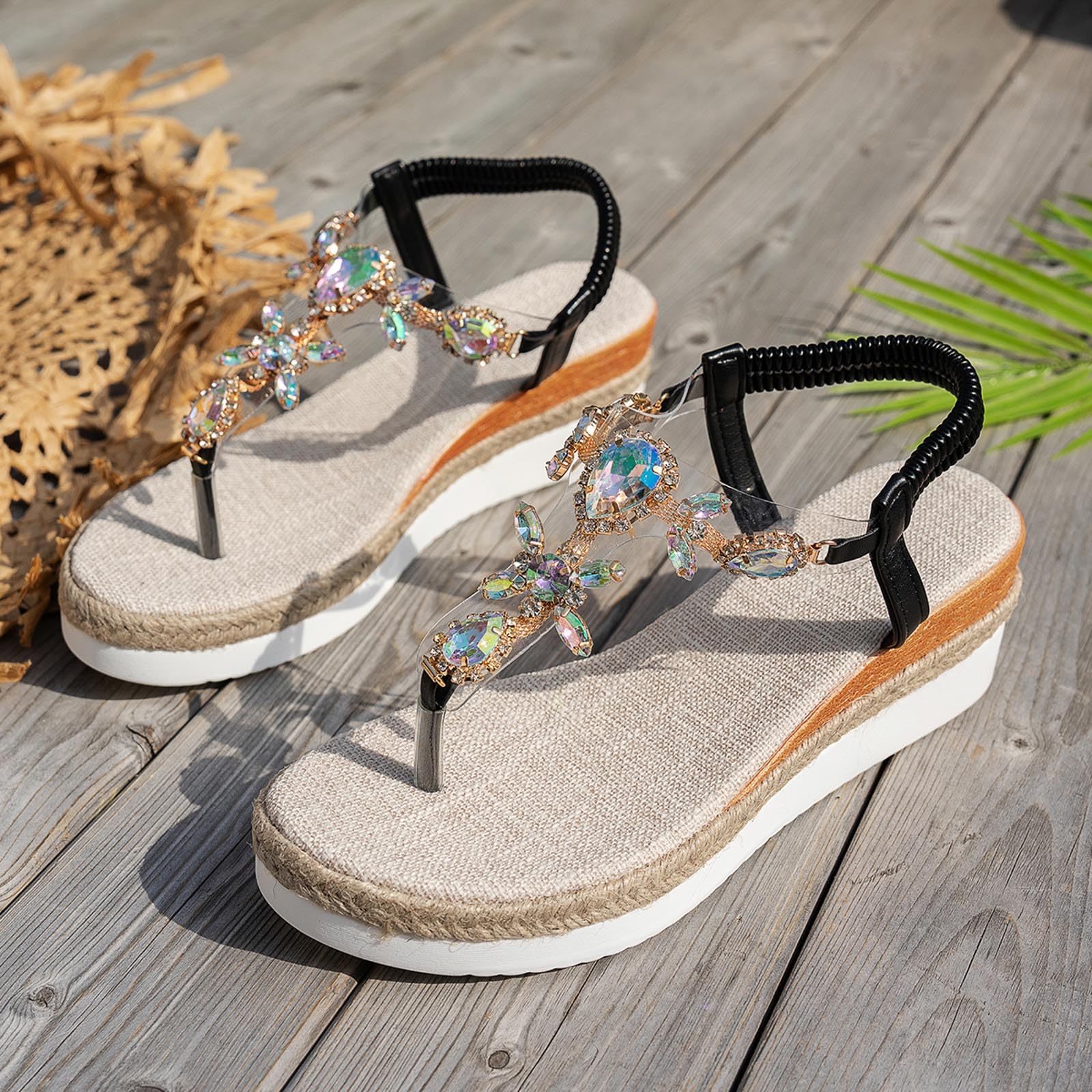 Women's Sparkly Rhinestone Wedge Sandals, Casual Platform Jeweled Sandals Summer Dressy Flip Flops Comfort Walking Thong Sandals Bohemian Beach Wedding Dress Shoes