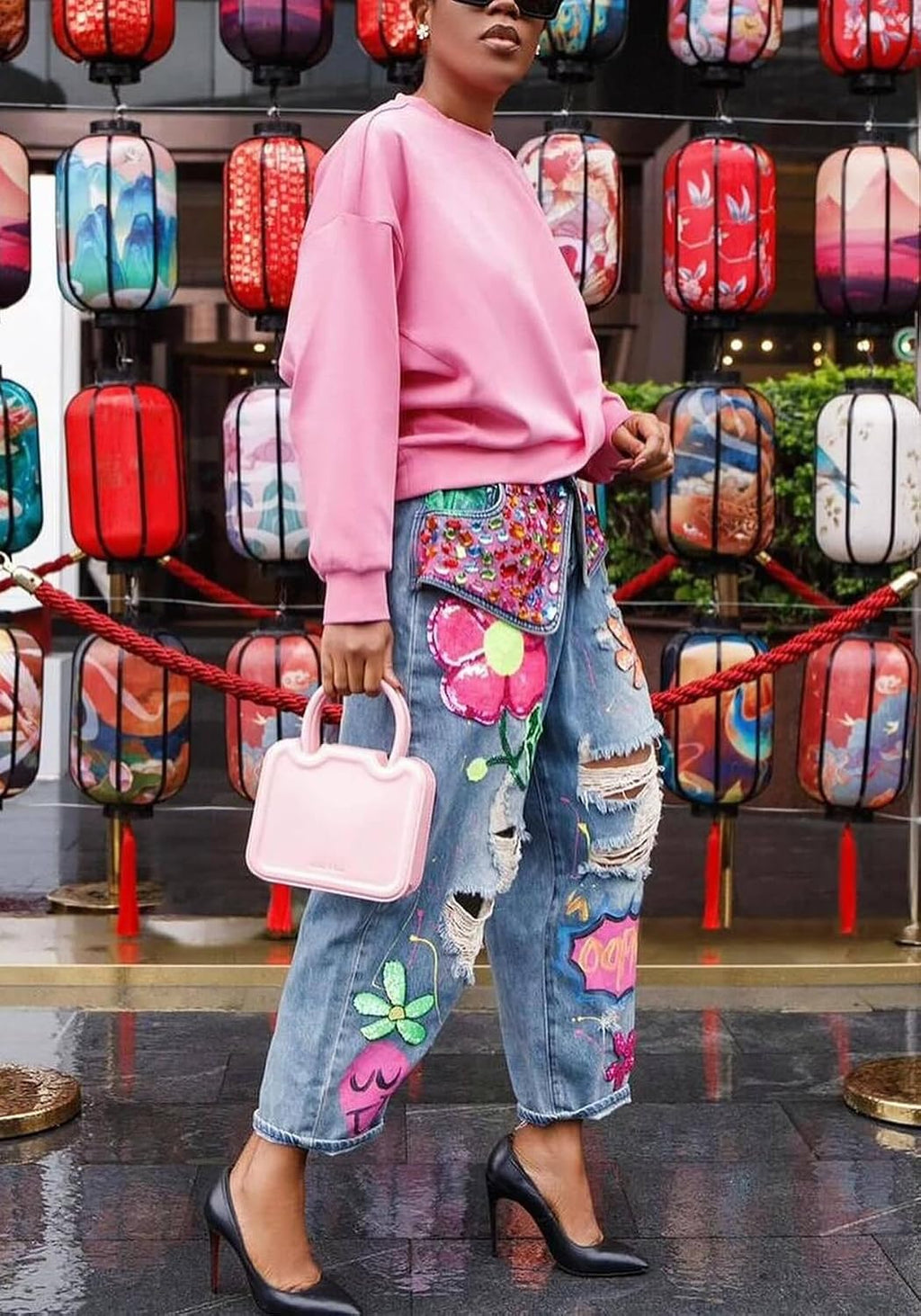 Women's Barrel Jeans Wide Leg High Waist Rhinestone Floral Horseshoe Ripped Baggy Cropped Jeans Denim Pants