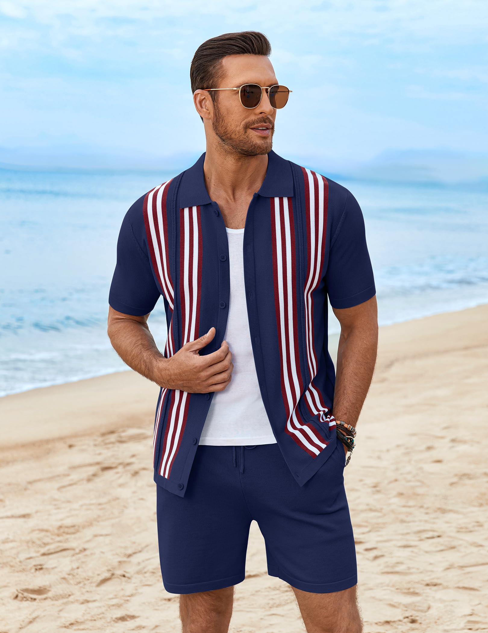 COOFANDY Men's 2 Piece Outfits Summer Short Sets Vintage Knit Button Down Shirt Short Sleeve Polo Casual Beach Suits