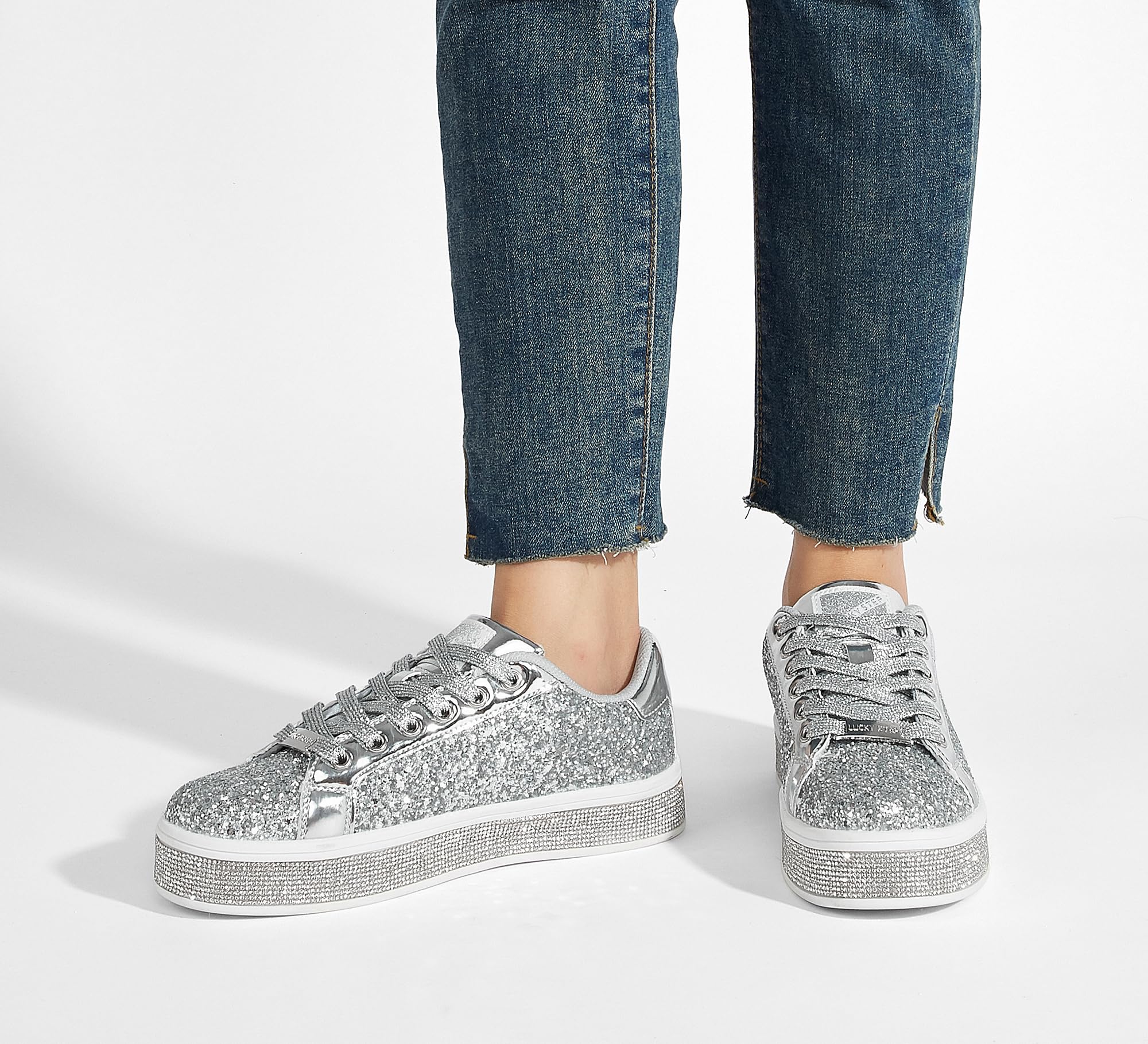 LUCKY STEP Women's Platform Sparkly Glitter Sneakers | Bling Shiny Dressy Bedazzled Wedding Bridal Fashion Walking Shoes
