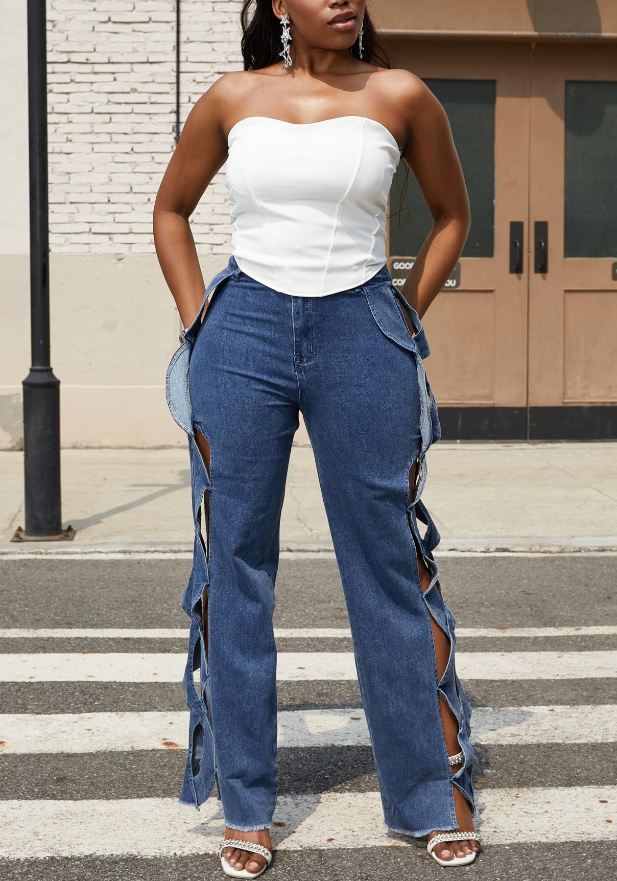 Vaceky Women's Twist Cutout Wide Leg Jeans Lightweight Denim Pant | Modern Patchwork Detail for Brunch, City Outings & Weekend Looks