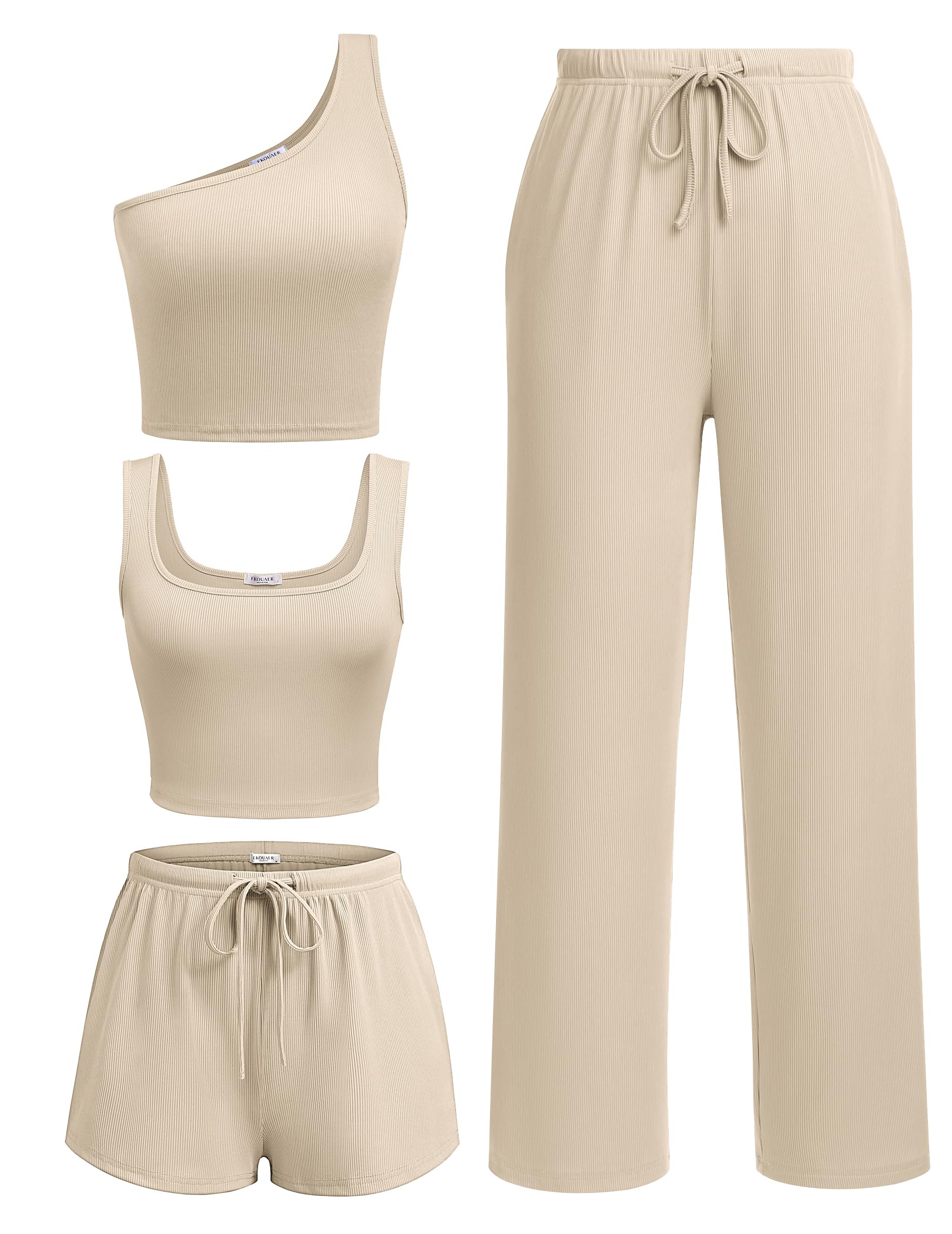Ekouaer 4 Piece Sets for Women Casual Lounge Sets Summer Vacation Outfits | Knit Fabric,Soft and Comfortable, Tank Top and Long/Short Pant with Pockets, for Leisure,Summer Beach Vacation Day.