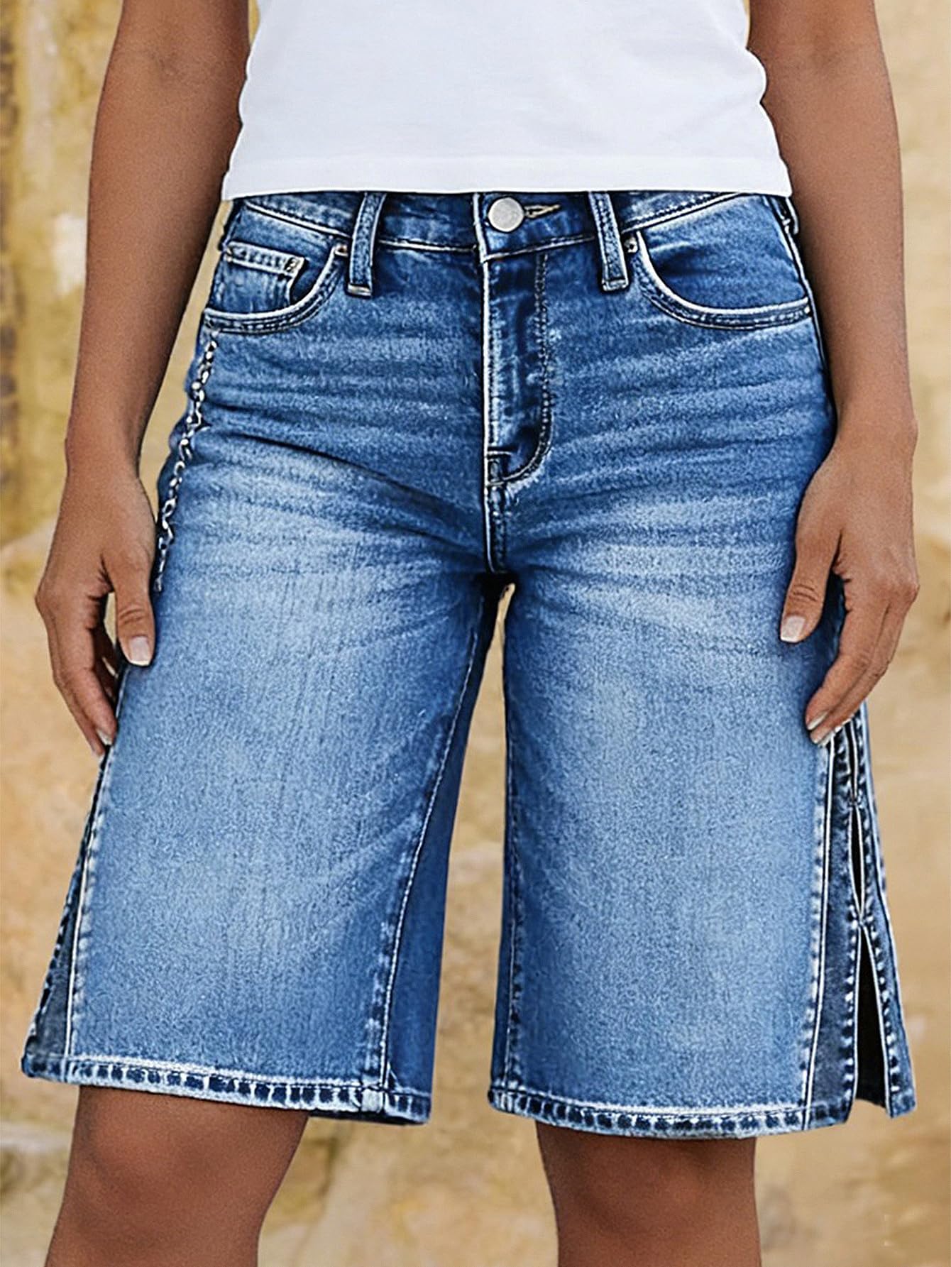 Flamingals Mid Waist Wide Leg Bermuda Denim Shorts for Women | Washed Split Hollow Out Trendy Denim Shorts