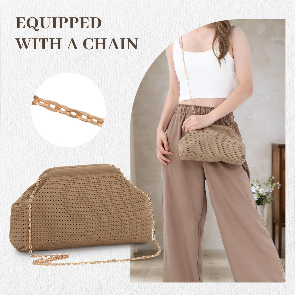KUANG! Dumpling Clutch Bag for Women Crochet Woven Bags Summer Beach Clutch Crossbody Chain Purses Cloud Handbag