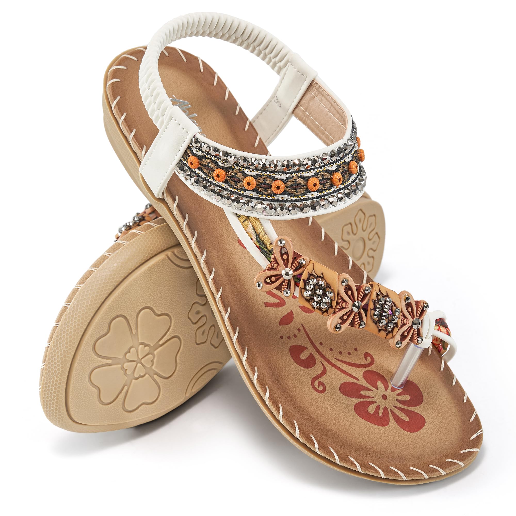 Ablanczoom Flat Sandals for Women Summer: Casual Boho Beaded Toe Ring Dress Shoes - Comfortable Vacation Daily Walking Shoes