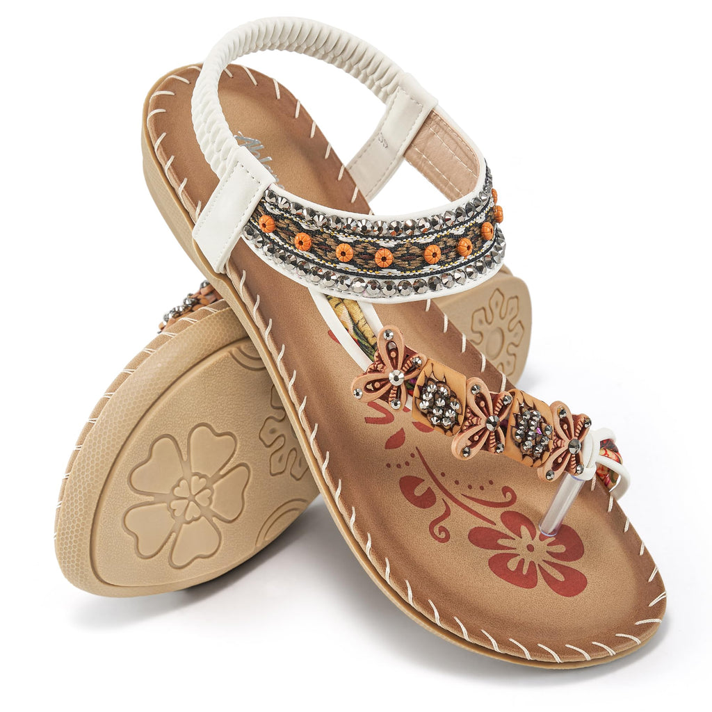 Ablanczoom Flat Sandals for Women Summer: Casual Boho Beaded Toe Ring Dress Shoes - Comfortable Vacation Daily Walking Shoes