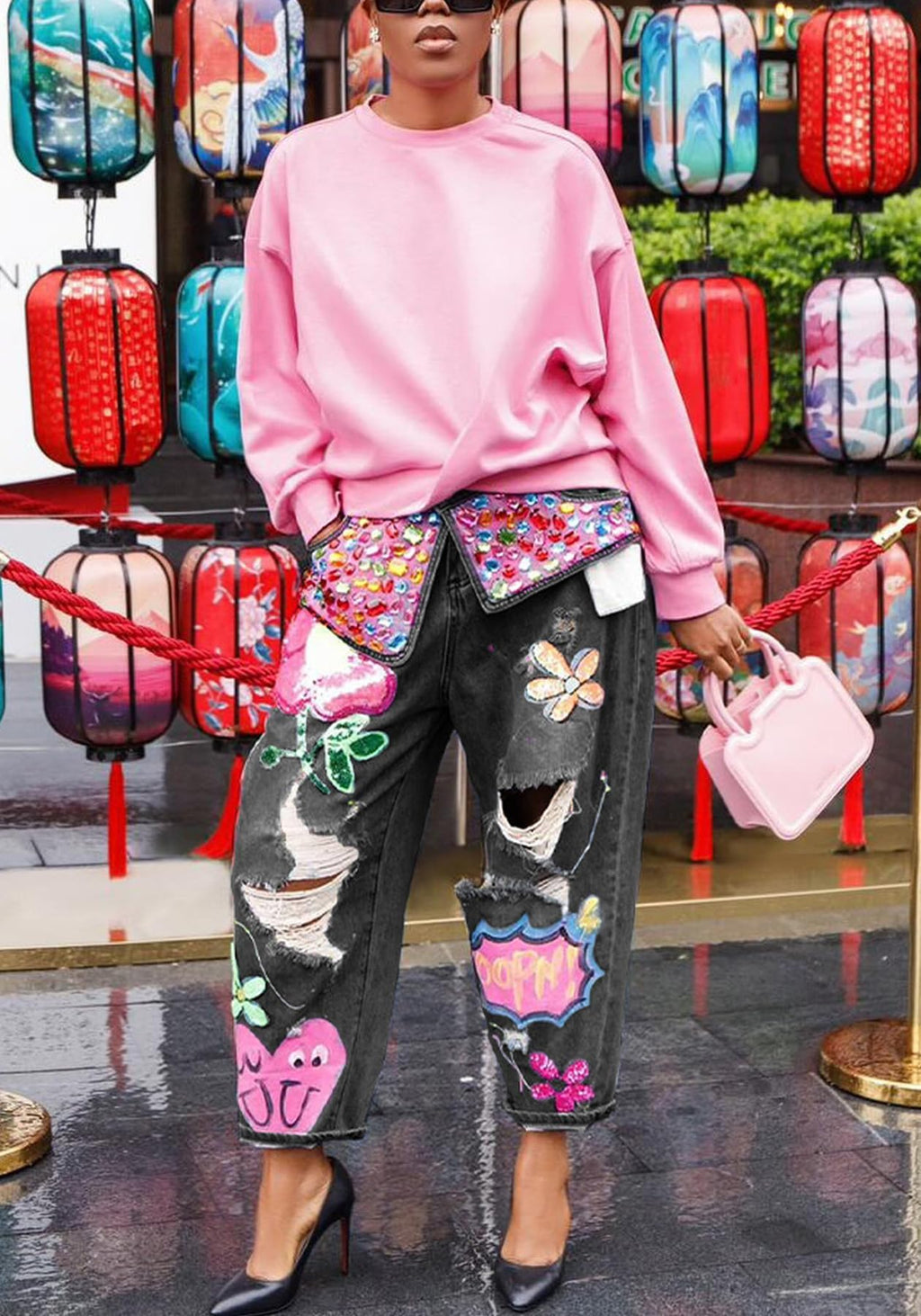 Women's Barrel Jeans Wide Leg High Waist Rhinestone Floral Horseshoe Ripped Baggy Cropped Jeans Denim Pants