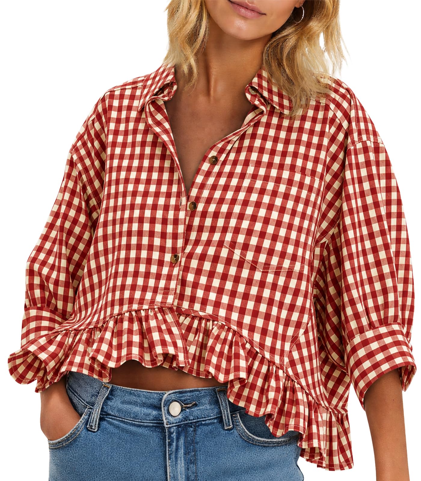 Cicy Bell Womens Cropped Striped Button Down Shirts Ruffle 3/4 Length Tops | Dressy Casual Blouses,Summer V Neck Tops,Vacation Outfits