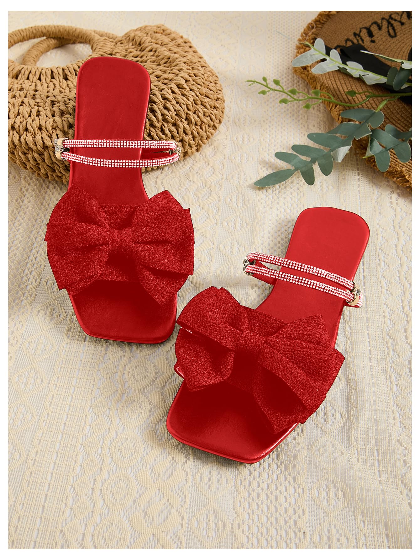 GORGLITTER Women's Bow Flat Sandals Dressy Rhinestone Comfortable Sandals | Cute Slip On Slides, Strappy Flats, Square Toe, Sparkly Dressy Party Wedding Sandals for Bride