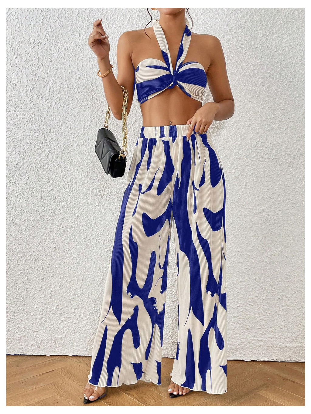 OYOANGLE Women's 2 Piece Graphic Halter Top Wide Leg Pants Vacation Outfits | Knitted, Sleeveless, Crop, High Waist, Beach Club, Summer Sets, Sexy Resort Wear