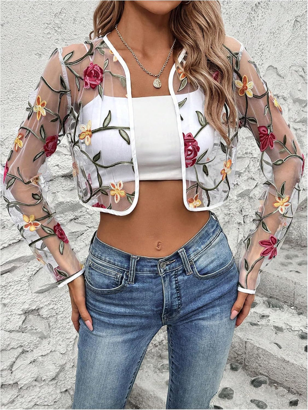 OYOANGLE Women's Floral Embroidered Sheer Bolero Open Front Crop Jackets | Long Sleeve Mesh Summer Cardigan Tops, Wedding Guest, Shrugs for Dresses, Boho Holiday Cover Up