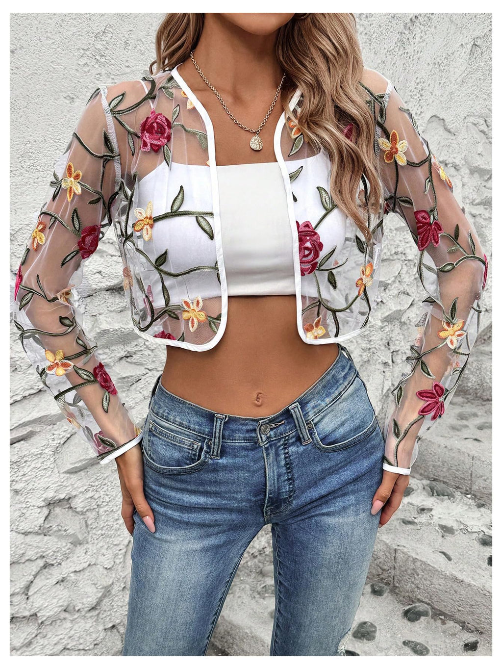 OYOANGLE Women's Floral Embroidered Sheer Bolero Open Front Crop Jackets | Long Sleeve Mesh Summer Cardigan Tops, Wedding Guest, Shrugs for Dresses, Boho Holiday Cover Up