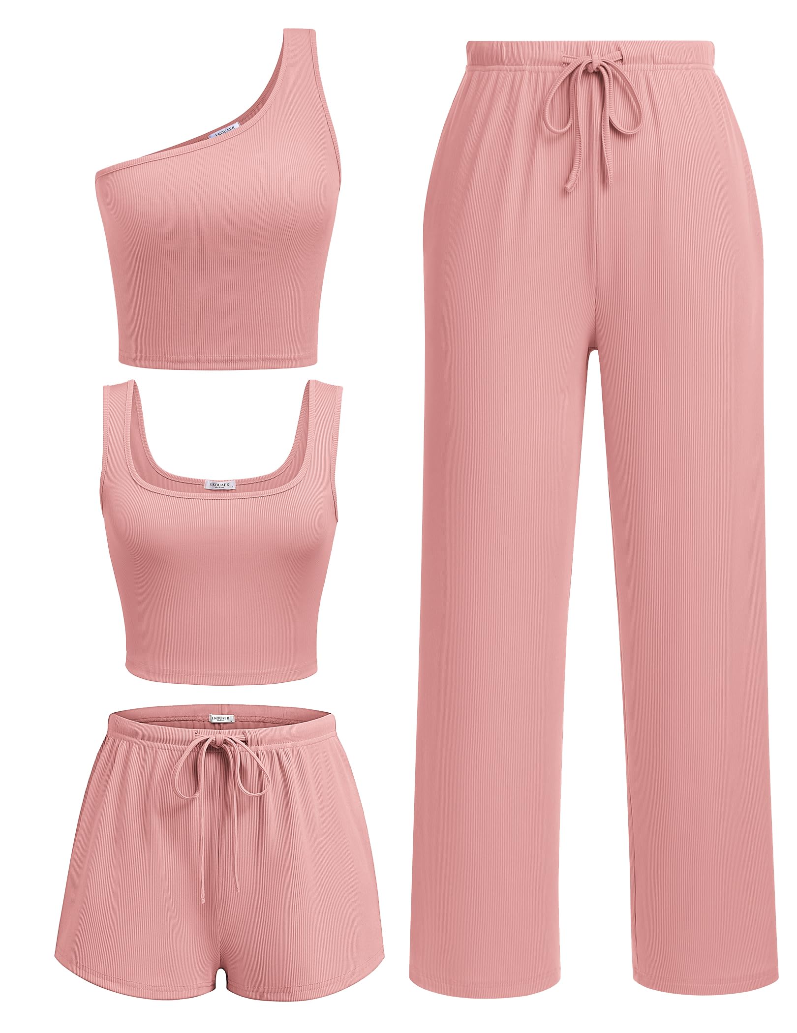 Ekouaer 4 Piece Sets for Women Casual Lounge Sets Summer Vacation Outfits | Knit Fabric,Soft and Comfortable, Tank Top and Long/Short Pant with Pockets, for Leisure,Summer Beach Vacation Day.