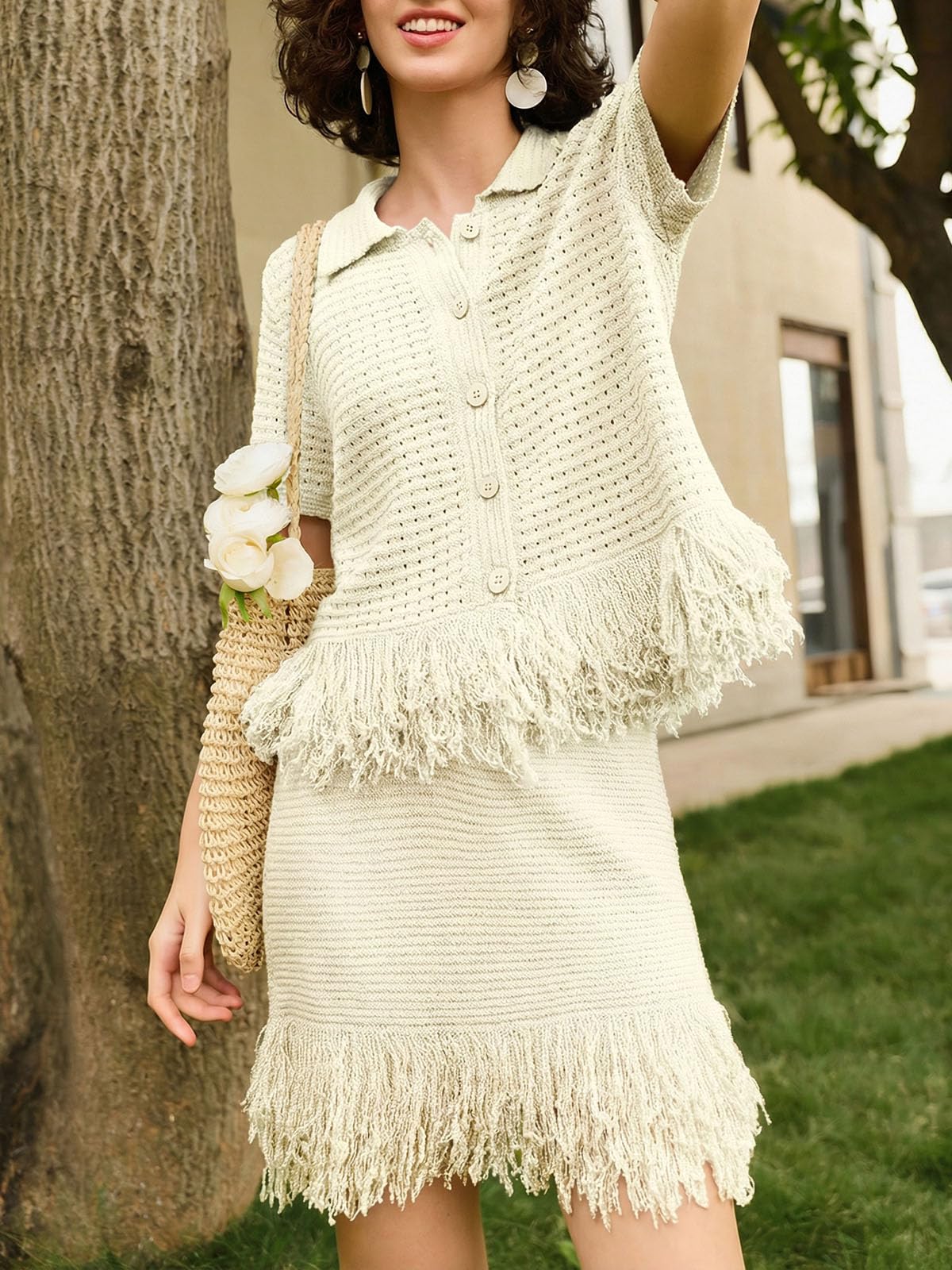 Fisoew Womens 2 Piece Outfits Crochet Short Sleeve Button Knit Sweater Tops and Fringe Skirt Vacation Sets