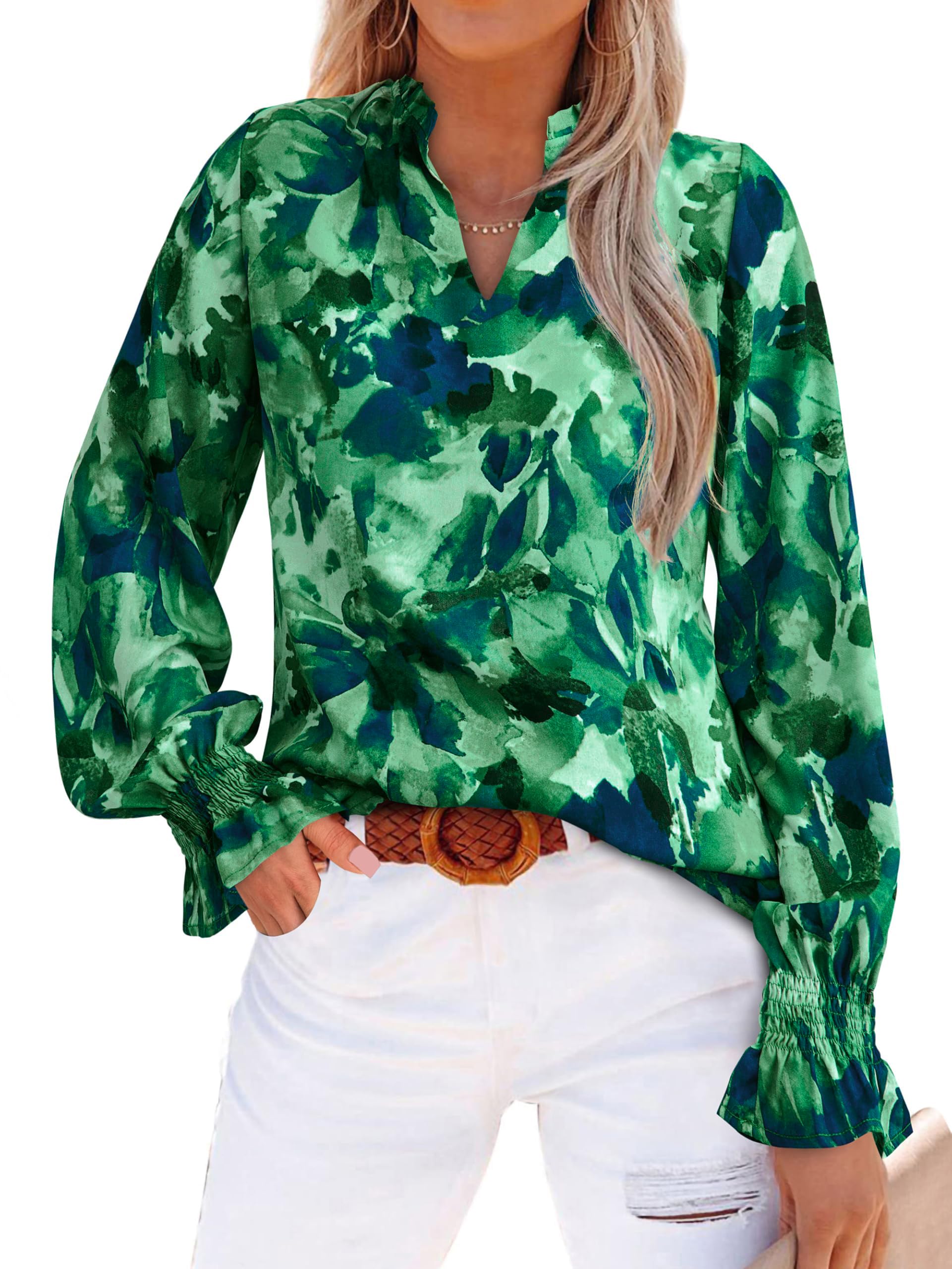 MASCOMODA Womens Boho Floral Long Sleeve Loose Chiffon Blouses | Puff Sleeve Ruffle V Neck Tops, Work Blouses for Women Dressy Casual, 2026 Summer T Shirts, Hawaiian Shirts for Women