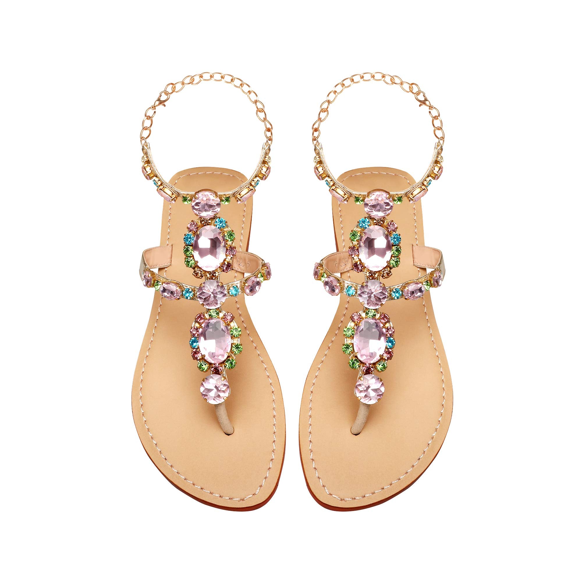 ZhuLinFeng Women'S Rhinestone Gladiator Sandals Flat Wedding Sandals Gem Pearl Sparkling Bridal Bridesmaid Sandals Blue Bohemian Sandals