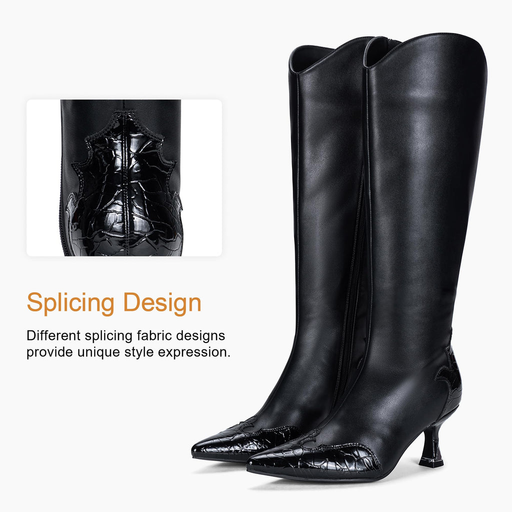 Vepose Women's Knee High Boots, Pointed Toe Kitten Heel Dress Boots | Riding tall boot style, low heel, side zipper, fashion silhouette, patchwork design, suit for jeans, skirts, nights out