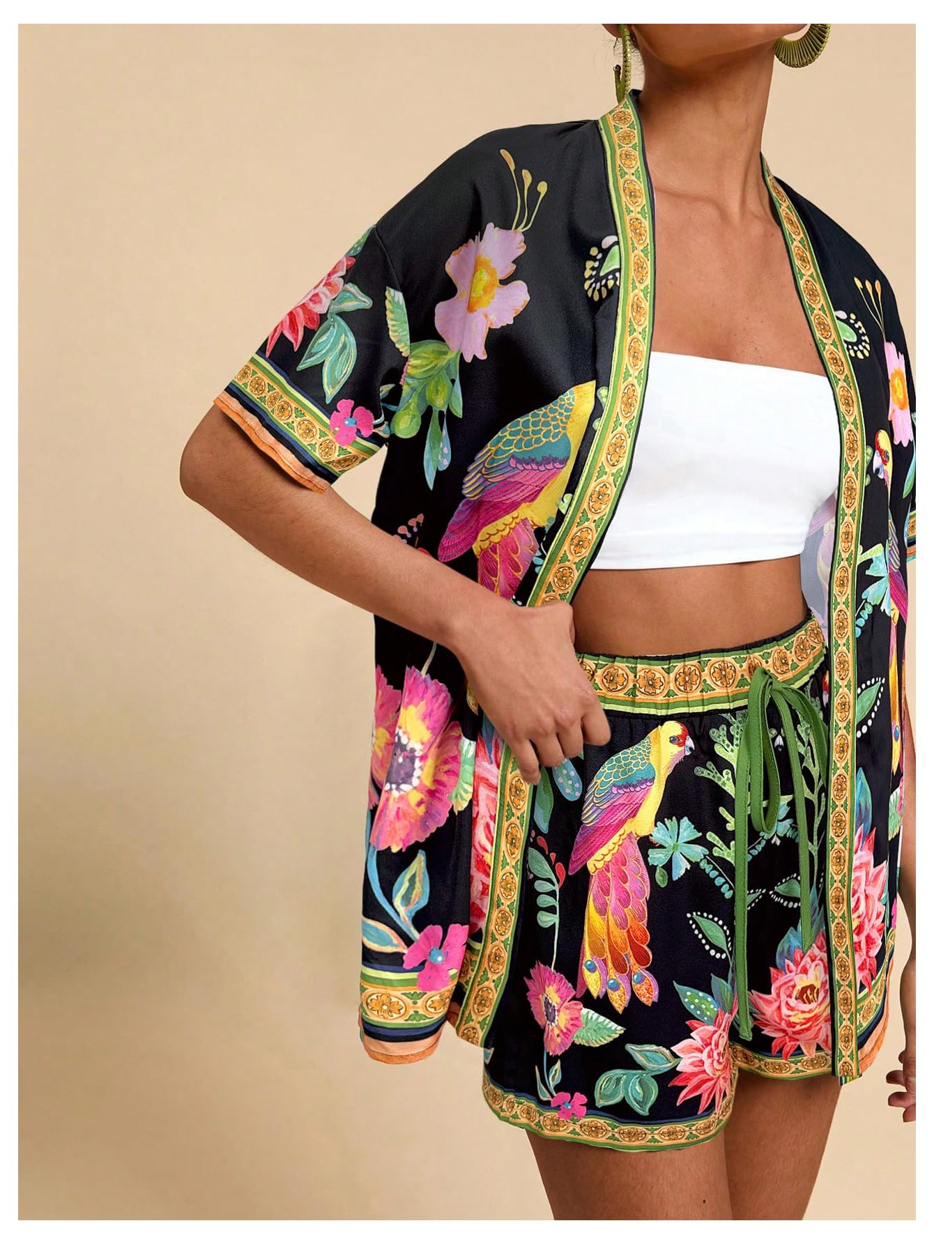 MakeMeChic Women's Two Piece Sets Summer Tropical Vacation Outfits Boho Floral Kimono Tops Shorts Set