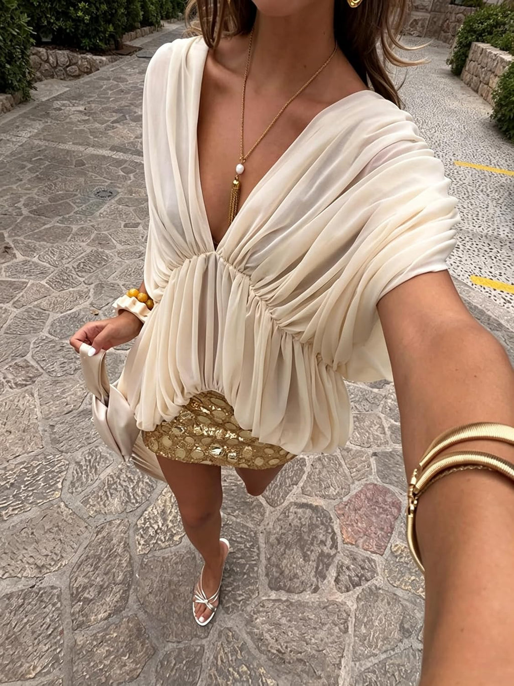 Flowy Top Women Pleated V Neck Asymmetrical Blouse Top Dressy Streetwear