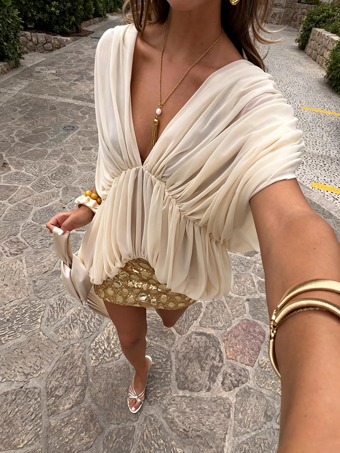 Flowy Top Women Pleated V Neck Asymmetrical Blouse Top Dressy Streetwear