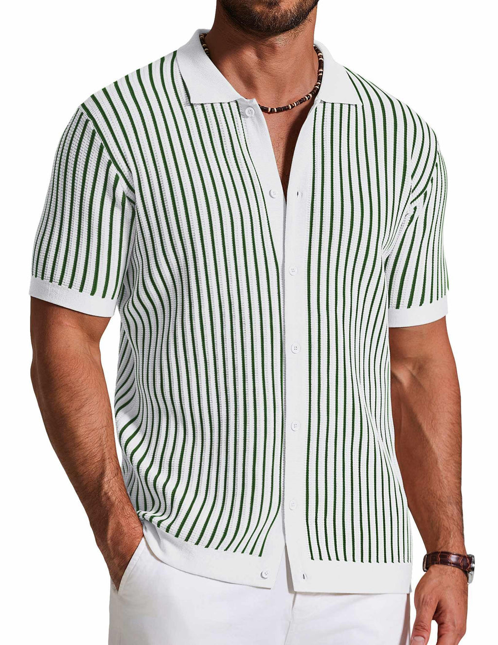 COOFANDY Mens Knit Button Down Shirts Short Sleeve Polo Shirt Vintage Striped Casual Shirts