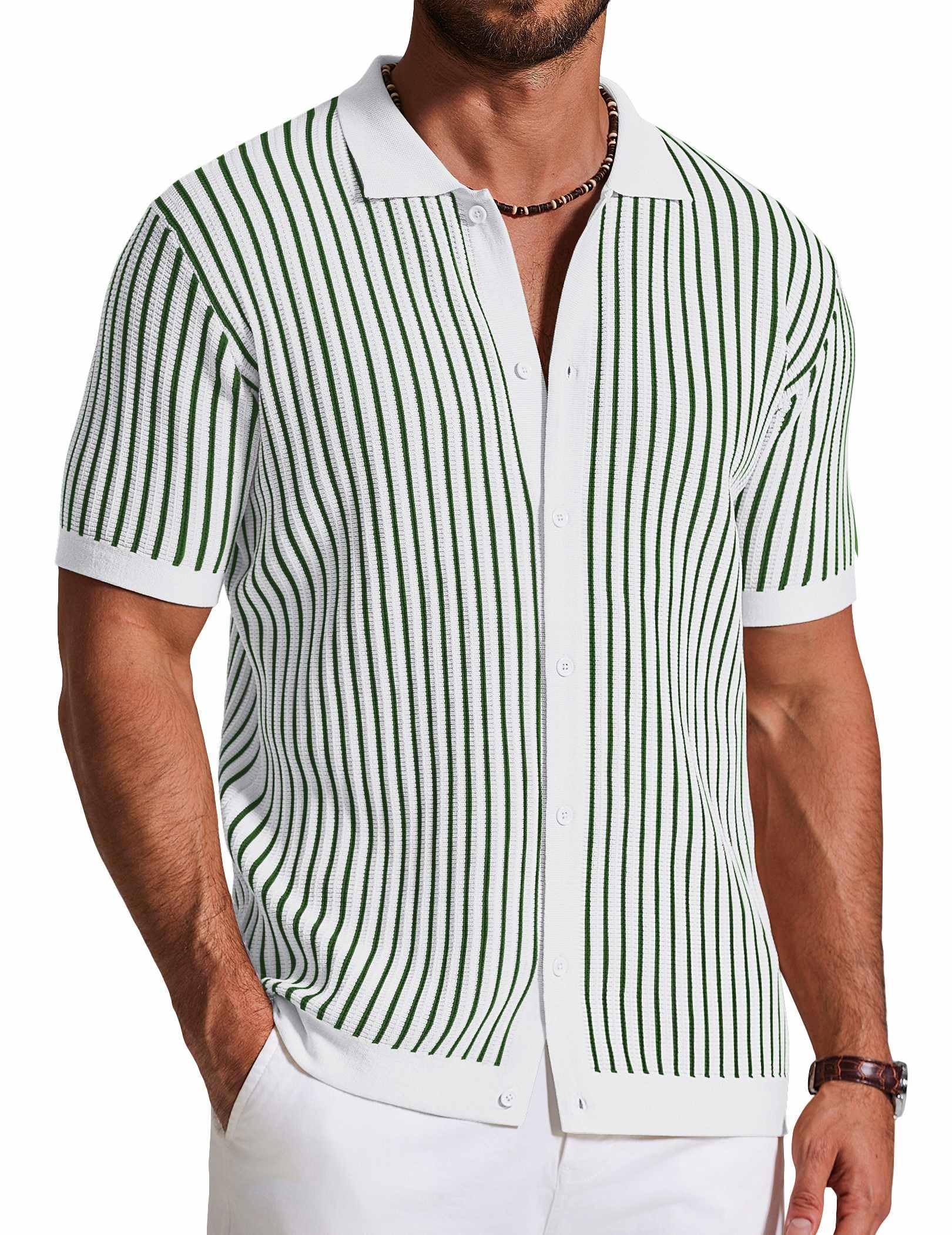 COOFANDY Mens Knit Button Down Shirts Short Sleeve Polo Shirt Vintage Striped Casual Shirts