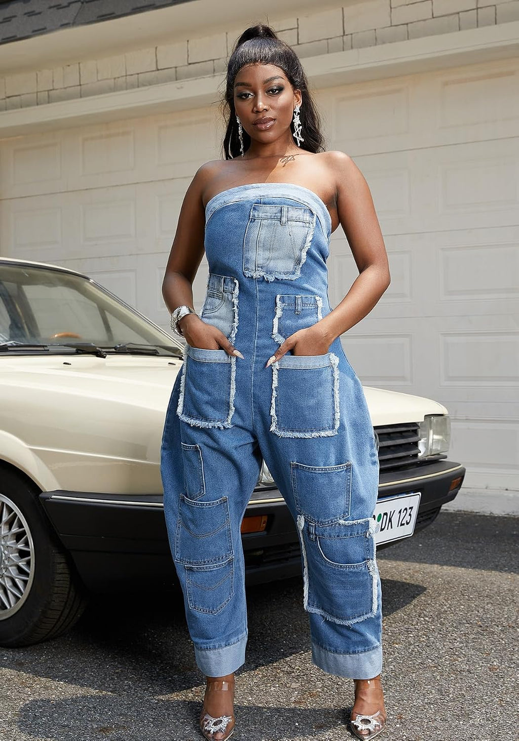 Kwunbwa Strapless Denim Jumpsuit for Women Loose Wide Leg Cargo Jean Romper | Stretch Fabric, Blue One Piece Jean Romper, Patchwork, Multi Pockets, Baggy, Sexy, Plus Size, Suitable for Casual, Street