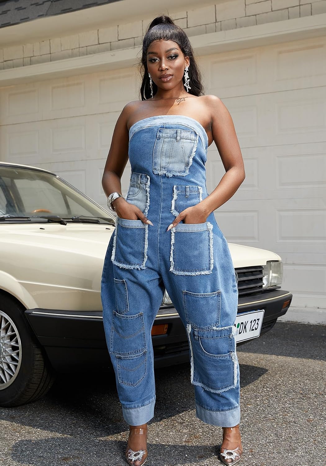 Kwunbwa Strapless Denim Jumpsuit for Women Loose Wide Leg Cargo Jean Romper | Stretch Fabric, Blue One Piece Jean Romper, Patchwork, Multi Pockets, Baggy, Sexy, Plus Size, Suitable for Casual, Street