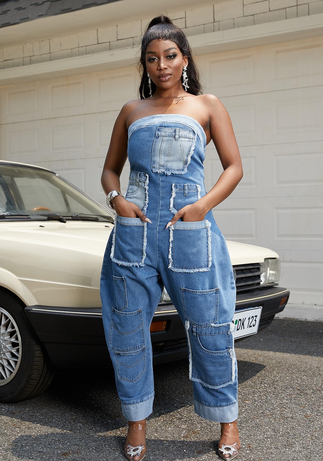 Kwunbwa Strapless Denim Jumpsuit for Women Loose Wide Leg Cargo Jean Romper | Stretch Fabric, Blue One Piece Jean Romper, Patchwork, Multi Pockets, Baggy, Sexy, Plus Size, Suitable for Casual, Street