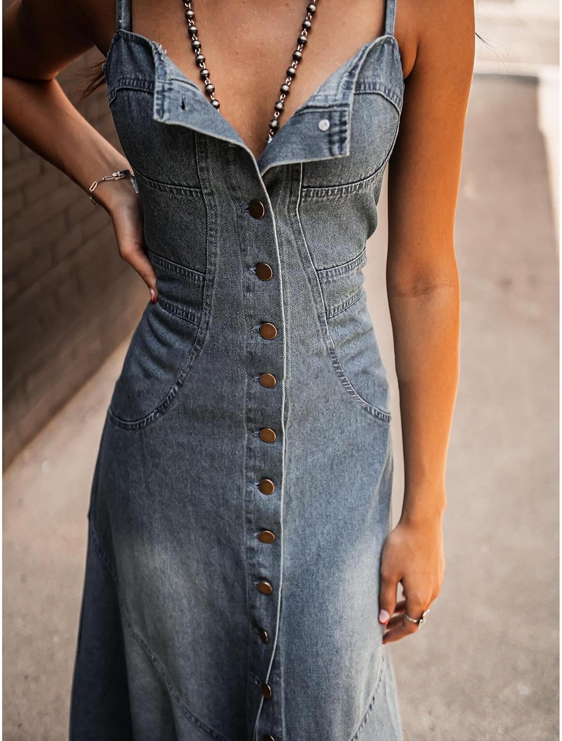 Sexyshine Women's Button Down Smocked Denim Dress Spaghetti Strap Sleeveless A-Line Flared Flowy Maxi Jean Dress