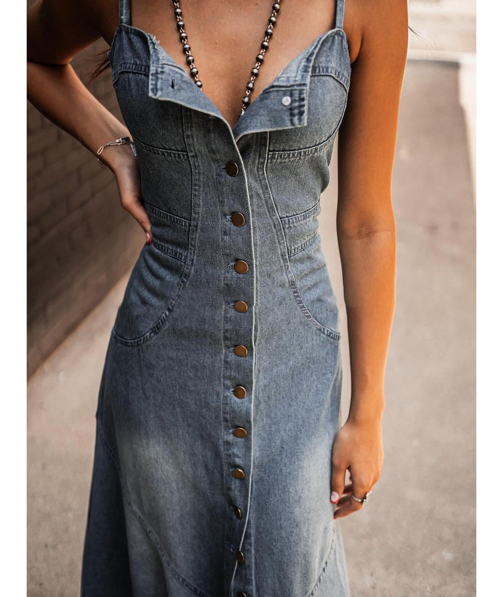 Sexyshine Women's Button Down Smocked Denim Dress Spaghetti Strap Sleeveless A-Line Flared Flowy Maxi Jean Dress