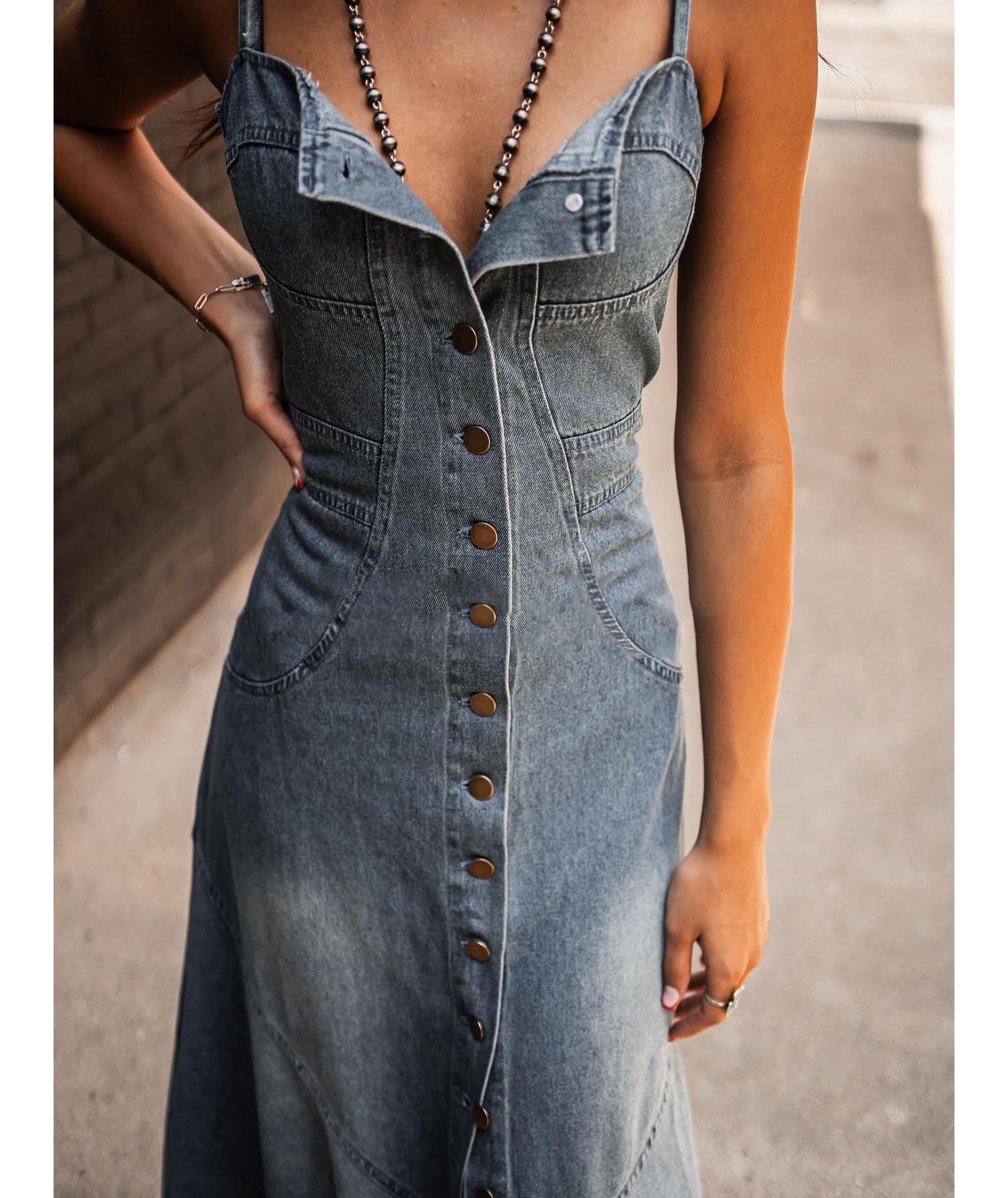 Sexyshine Women's Button Down Smocked Denim Dress Spaghetti Strap Sleeveless A-Line Flared Flowy Maxi Jean Dress