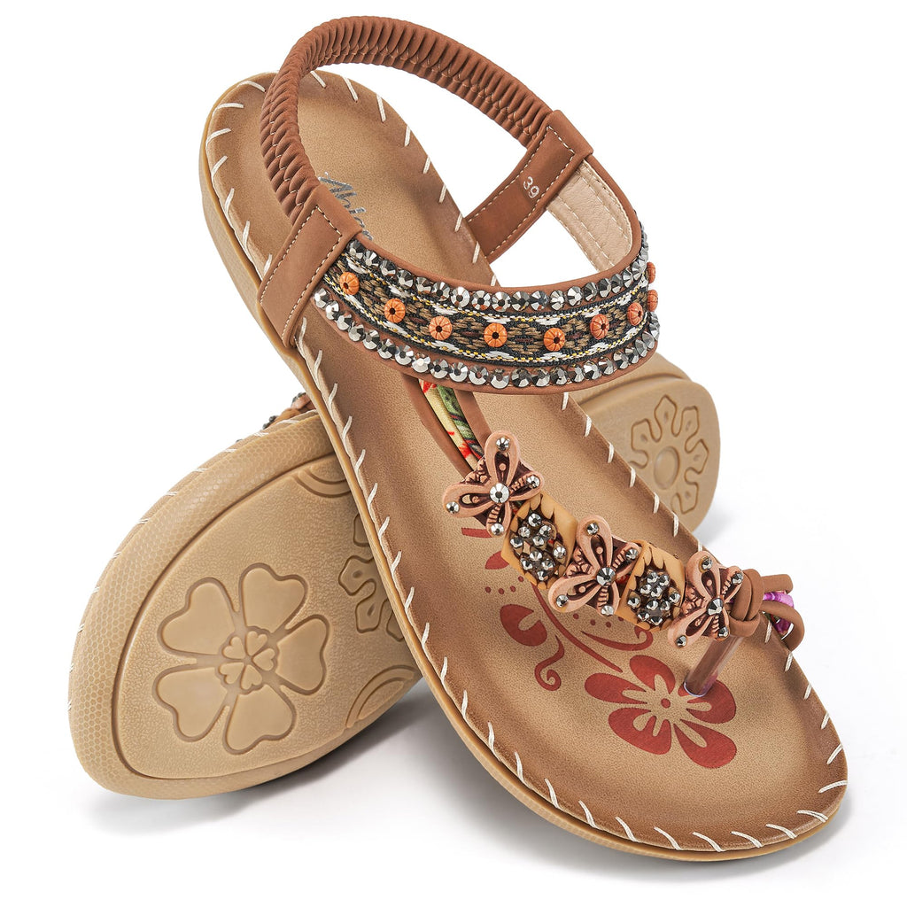Ablanczoom Flat Sandals for Women Summer: Casual Boho Beaded Toe Ring Dress Shoes - Comfortable Vacation Daily Walking Shoes