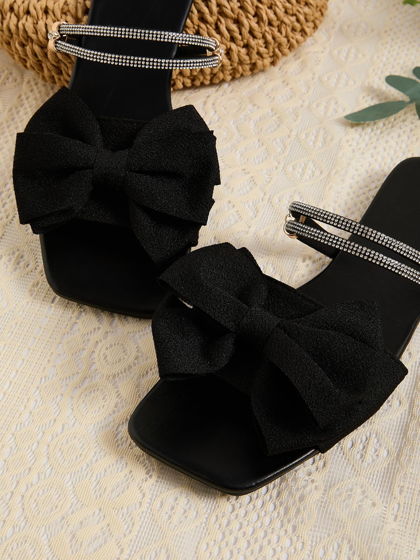 GORGLITTER Women's Bow Flat Sandals Dressy Rhinestone Comfortable Sandals | Cute Slip On Slides, Strappy Flats, Square Toe, Sparkly Dressy Party Wedding Sandals for Bride
